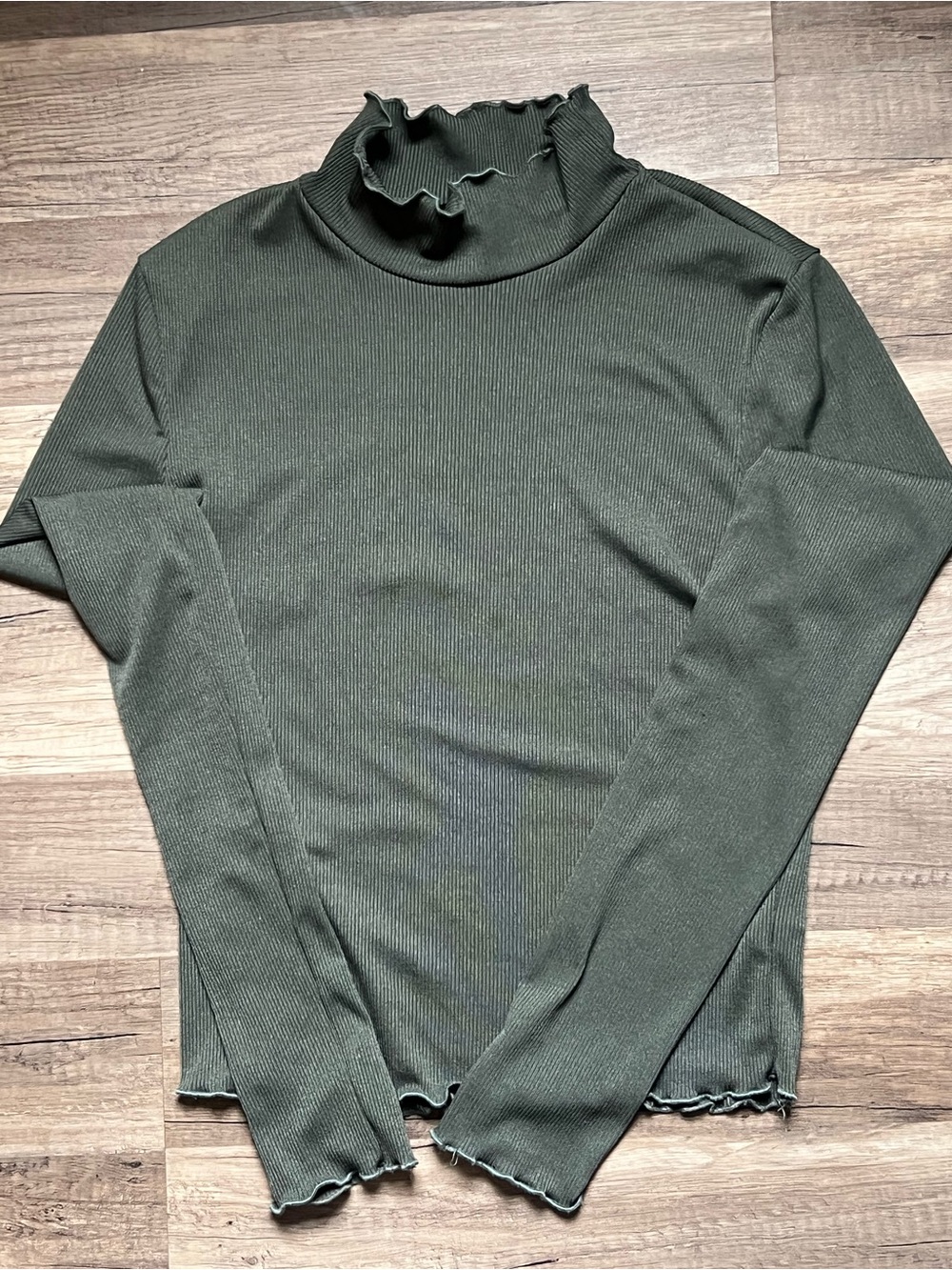 Final Touch Olive Green Ruffled Turtleneck Long Sleeve Top